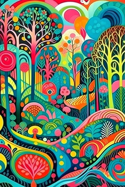 royalty free aerial view naiive art style magical forest with bird block pastel colors on velvet collage Hundertwasser and Matisse