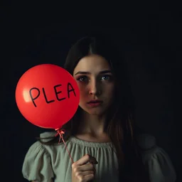 a young sad woman holding a ballonn written "PLEASE", surreal, liminal atmosphere