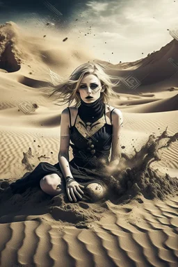 Explosive abstract image of a beautiful gothic girl sitting in the desert sand, thick urban textures, zoomed in chaotic