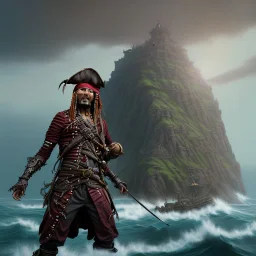 a pirate warrior in maroon and black full battle armor, a highly detailed illustration, background of giant crashing ocean waves, realistic render, 8 k, micro detail, intricate, elegant, centered, digital painting, Artstation, smooth, sharp focus, illustration, artgerm, tomasz alen kopera, peter mohrbacher, donato giancola, joseph christian leyendecker, wlop, boris vallejo