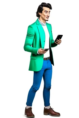 Modern guy, 20s, "holding ipad in left hand", looks like a "renaissance painting look", walking forward, full body, "persian green jacket", blue pants, "right hand pointing to the ground". "Front facing" "forward view" white background