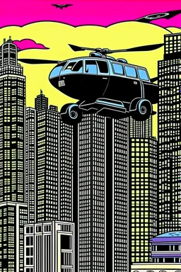 punisher sku;; city helicopter chasing car in the style of Hiroshi Nagai