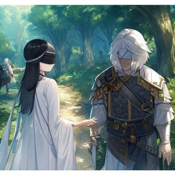 Girl with white hair wearing white robes and a blindfold. Boy with black hair wearing old leather armor. Forest path background