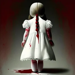 A girl's doll wearing a white dress with red blood bleeding from the back