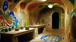 A beige underground granite mine covered in paint designed in German folk art painted by Henri Matisse