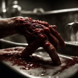 hand gripping with oozing fluids and rotten flesh, horrifying horror movie scene, realistic, practical effects, shot on film