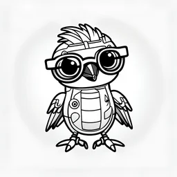 coloring page, no shadow, no shading , minimalistic art , High Quality Pixels a Cute and Playful kawaii Kookaburra robot, add sunglass , thick line , blod line, very low details, with white background, simple coloring page