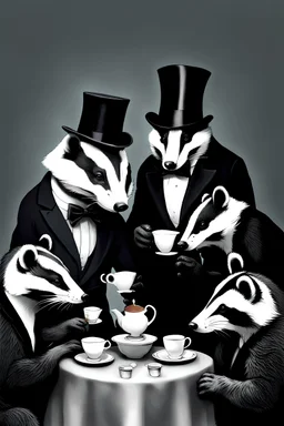 Anthropomorphic European badger wearing a tophat and having a tea party with his other anthropomorphic animal buddies. Photograph.