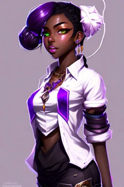 arcane tv show style, league of legends, solo, 1girl, attractive teenager, african, dark skin, dark-brown eyes, black hair, pair buns, violet strands of forehead bangs, necklace, earrings, modern makeup, (detailed skin texture), white oversize shirt