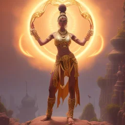 dhalsim as gypsy woman with arms above her head, holding big big gun ,yoga artist , 4k, Masterpiece, perfect eyes , Cinematic Lighting, Realistic, Sharp Focus, Centered, Beautifully Lit, Bioluminescent by Stanley Artgerm Lau