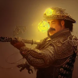 Insanely detailed photograph of an “ a mustachioed mariachi focusing on a glowing D20” with intricately detailed Sombrero, intricate armored charo,cigar,crossbow in hand, hyperdetailed painting by Ismail Inceoglu Huang Guangjian and Dan Witz CGSociety ZBrush Central fantasy art album cover art,8K, hdr, mysterious, flickeringlights ,Stoic