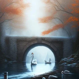 fantasy art, book cover, portrait of big swan under a bridge , old mill wheel ,icy autumn water, icy frame