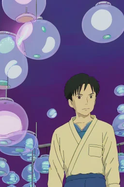 An intense portrait of Yui and Toshi inside a Gastown oxygen bar, filled with peculiar, nonsensical tech. Patrons inhale oxygen through floating orbs of light, levitating chairs defy gravity, and holographic bartenders serve drinks. Our protagonists, surrounded by this alien tech, exchange uncertain looks, their rustic farming gear contrasting sharply with the high-tech environment.