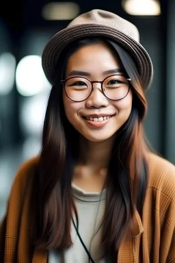 cute asian young woman wearing hipster clothes and smiling