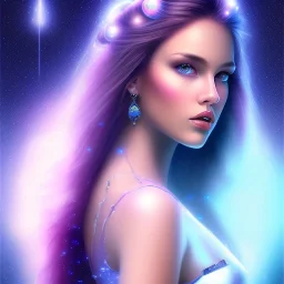 beautiful woman with long hair look the stars and northern aurora blue turquoise lights, blue, pink,