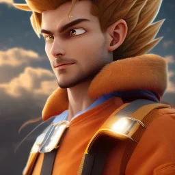 Son-goku close up, face, extreme details, glowing hair, realistic, unreal engine, 4k, steam punk art