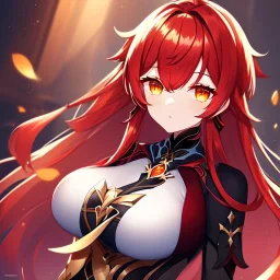 girl, masterpiece, best quality, volumetric lighting, detailed outfit, perfect eyes, red hair, orange eyes, long hair, honkai impact outfit,