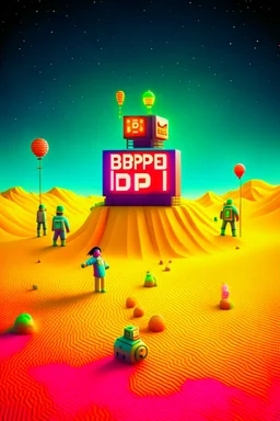 beeple THE ONLY LIMIT IS YOUR IMAGINATION in the sandbox with bucket and spade and bitcoins fighting aliens cyborgs and penguins and punks