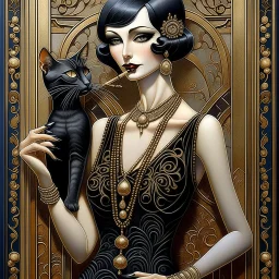 Mixed media, a tall beautiful woman with the head of a Siamese cat, wearing a black dress with pearls and long black gloves, she is holding a cigarette in a cigarette holder, background in the style of art deco Klimt, George Barbier, 3d, Bas relief, encaustic, gold leaf accents. Modifiers: highly detailed elegant dof fantasy portrait very attractive beautiful dynamic lighting 4K 3D crisp quality Unreal Engine very cute cinematic postprocessing pencil sketch Arthur Rackham Surrealism Gustave Kli