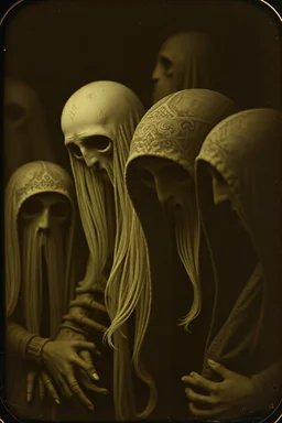 Daguerrotype close up some mysterious figures, odd background, Hieronymus Bosch, ambient light, by Minicavio Quollati and Marlost Endgulp, Amano, Botticelli, Alphonse Mucha