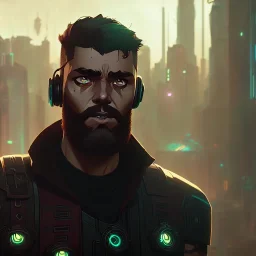 DJ cyborg short bearded Christian Boshell with headphones. dystopian cyberpunk sin city style, cinematic Fire themed art, Dark moody atmosphere, similar to a Leonardo da Vinci art direction, close-up face