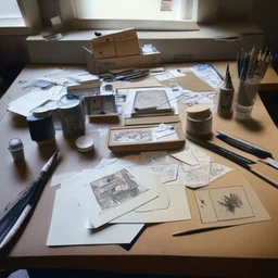 A photograph of a drawing table with cards on it and drawing tools