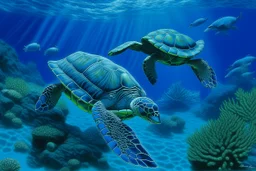 An indigo underwater reef with sea turtles painted by Frank Wilson