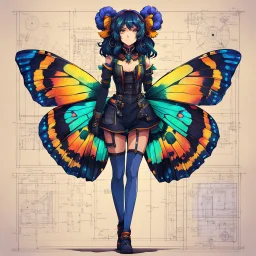 full body portrait illustration , with detailed blueprints and engineering schematics of a walking hybrid Madagascan sunset moth insect girl, in anime style, with highly detailed facial features, drawings, and technical notation, 8k, vibrant natural colors