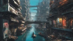 Water-level view of buildings on a canal, made of metal, cyberpunk, many painted colours, floating and flying boats, balconies, bridges, people, shopping, eating, walking, fifth element, ghost in the shell, altered carbon