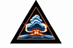 a nuclear explosion cloud, behind an orange glowing omega like shape, all inside an equilateral triangle opening, that is like a doorway to a different world, radiant lines, sci-fi fantastic