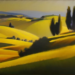 a fine oil painting of a landscape of rolling hills in the italian countryside, yellow hour, bold chromaticity — ar 3:2