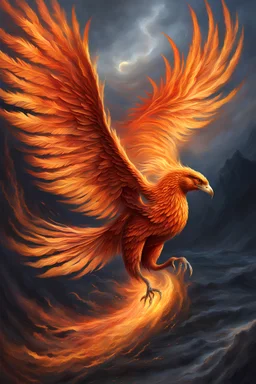Imagine a majestic fantasy scene: a majestic phoenix bird, composed entirely of fire , whose roars echo like thunder in a storm. This digital artwork, painted in oil, is characterized by its unrealistic impressionistic style but with intricate details that capture the essence of the swirling power of the nature. In the air, sand particles dance and reflect the light of the rays that cross the sky. All of this is presented in stunning 4K resolution, bringing to life a mythical and surreal