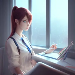 Anime, female student studying under window, studying lesson, perfect face, cool face, ultra detail, unreal engine 5, cinema4d, sun light, studio lighting --ar 1:1 --v 4