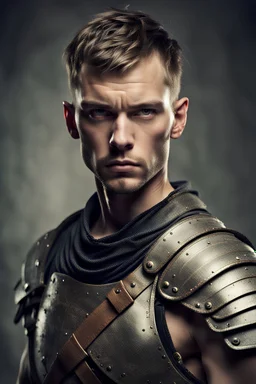 full lenght portrait of a human warrior with short hair and a serious expression