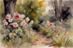 Cloudy day, flowers, rocks, forest, gothic horror influence, disturbing, people, mistery, john singer sargent watercolor paintings