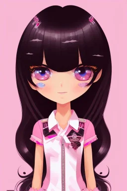 girl, cute, beautiful, black hair, long hair, straight hair, bangs, pink shirt, big eyes, brown eyes, close up portrait, kawaii