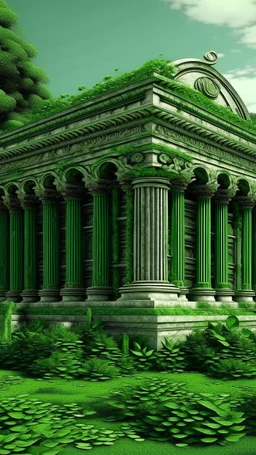 very detailed all Green Ancient Greek temple surrounded by leaves and ivy, medieval, gothic style,