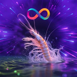 infinity symbol ∞ with vibrant powerful single prawn coming out of the water, striking, neon, chiaroscuro, dramatic, captivating, powerful, fantasy, beautiful, octane render, 16k post-production, artstation: award-winning: atmospheric: commanding: fantastical: clarity: ultra quality: striking: brilliance: stunning colors: amazing depth; lens: f/11, 35mm