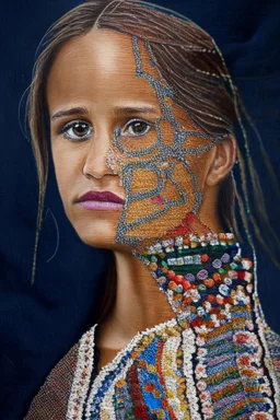 Hand sewn and embroidered Alicia Vikander, threads, sewing needles