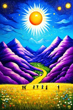 The sun is A fried egg shining down on cubic purple mountains majesty with outlines of people full of stars dancing in the flowered meadow below; in the style of Van Gogh; Neo-surrealism; Lowbrow