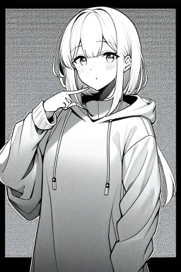 girl dressed in a loose sweatshirt and with one hand touch on her heart, line arts, greyscale