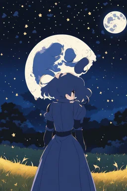 starry night with only one full moon in a pasture during fall anime