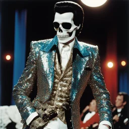 [high res colour photo by helmut newton] this skeleton wears the incredible sequined jacket that Elvis wore during a concert in Detroit