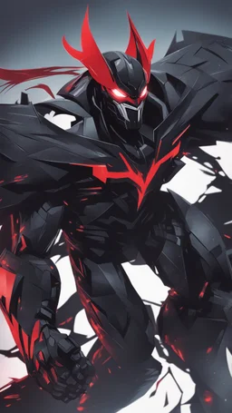 A close picture to Mix between transformers and batman and symbiote venom in solo leveling shadow art style with red details detailsis in fantasy world