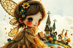 closeup, double exposure, merged layers, golden patina, corrosion, topographic lines, needle felt mohair cute chibi fairy princess, fairy village, watercolor and charcoal S<AI in sunshine