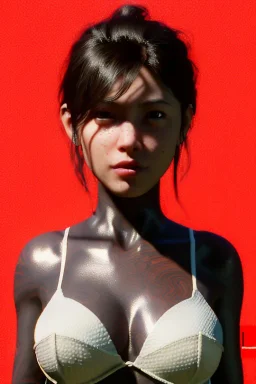 Ultra Realistic image, 25 years old brunette woman, Madrid, portrait, small complexion, natural small busty, traditional Japanese body tattoo, jakuza style, put traditional Japanese mask, vibrant color, highly detailed, art stations, concept art, smooth, unreal engine 5, god rays, ray tracing, RTX, lumen lighting, ultra detail, volumetric lighting.