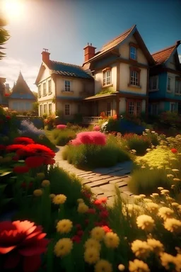 /imagine prompt: Realistic photo, personality: [Capture a wide shot of a quaint small town, with charming houses adorned with blooming flowers. The vibrant colors of the flowers create a picturesque backdrop, setting a cheerful and romantic atmosphere for the film] unreal engine, hyper real --q 2 --v 5.2 --ar 16:9