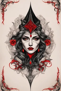 Create a captivating modern 2d black and red ink tattoo design for print , prestigious Witch using the elegant influences of medieval art style, for print, dynamic elements from fashion and design, and bold European contemporary art aesthetics, framing centered in the center, distanced from the edges of the paper perimeter, perfect anatomy, bauhaus, Divine Proportion,