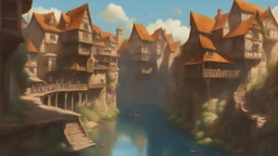 medieval buildings with balconies overhanging lake edge with blue sky and people, photorealism, fantastical, intricate detail, splash screen, concept art