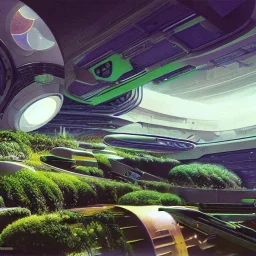 beautiful matte painting of green gardens on a futuristic sci-fi space station, cinematic angle, cinematic lighting, by Syd Mead, John Harris, Federico Pelat